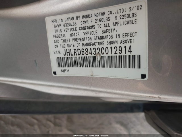 Продаж на аукціоні авто 2002 Honda Cr-v Lx, vin: JHLRD68432C012914, номер лоту: 46271338