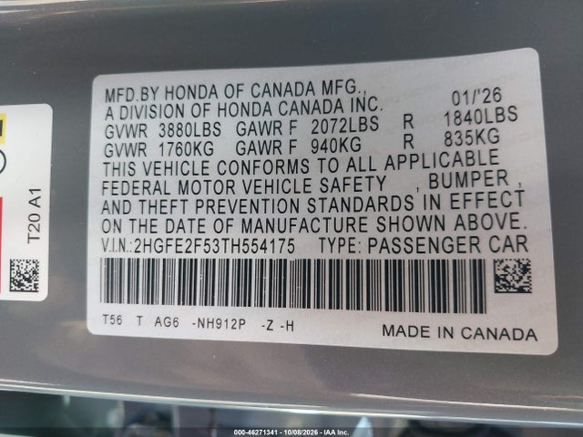 Продаж на аукціоні авто 2026 Honda Civic Sport, vin: 2HGFE2F53TH554175, номер лоту: 46271341