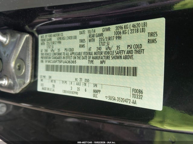 2015 Ford Escape S მანქანა იყიდება აუქციონზე, vin: 1FMCU0F75FUA36365, აუქციონის ნომერი: 46271345