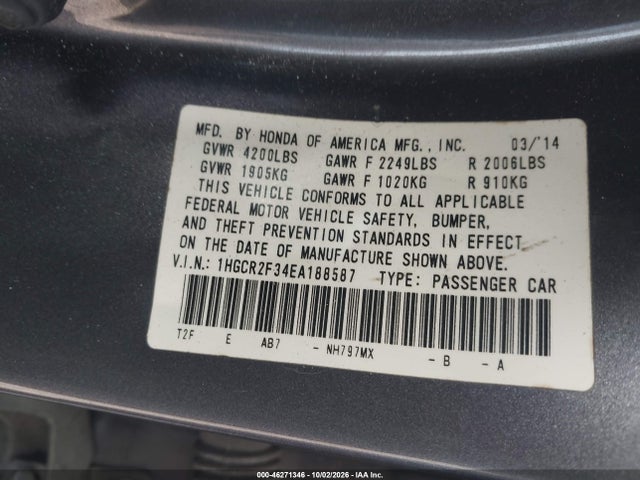 2014 Honda Accord Lx მანქანა იყიდება აუქციონზე, vin: 1HGCR2F34EA188587, აუქციონის ნომერი: 46271346