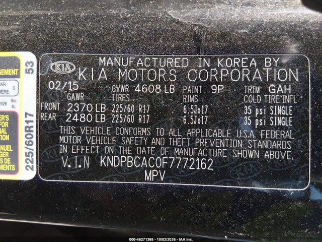 Продажа на аукционе авто 2015 Kia Sportage Lx, vin: KNDPBCAC0F7772162, номер лота: 46271368