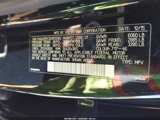 46271373 :رقم المزاد ، YV4A22PK3G1055562 vin ، 2016 Volvo Xc90 T6 Momentum مزاد بيع