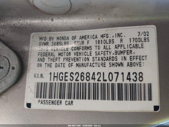 Продажа на аукционе авто 2002 Honda Civic Ex, vin: 1HGES26842L071438, номер лота: 46271390