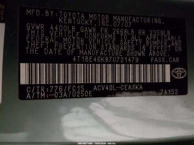 Продаж на аукціоні авто 2007 Toyota Camry Se, vin: 4T1BE46K87U721479, номер лоту: 46271408