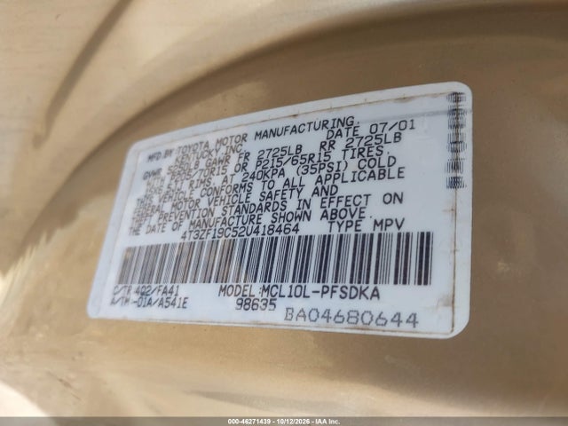 Aukcja sprzedaży 2002 Toyota Sienna Ce, vin: 4T3ZF19C52U418464, numer aukcji: 46271439