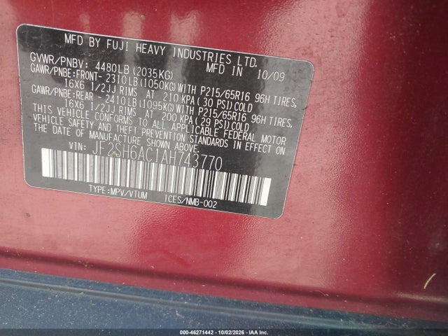 Продажа на аукционе авто 2010 Subaru Forester 2.5x, vin: JF2SH6AC1AH743770, номер лота: 46271442
