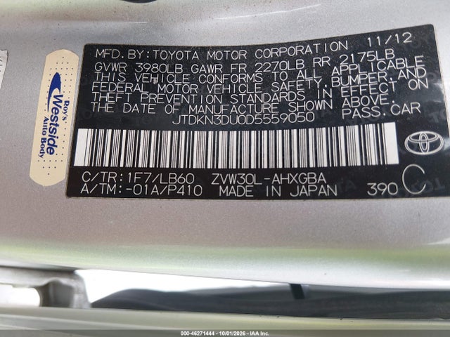 Aukcja sprzedaży 2013 Toyota Prius Four, vin: JTDKN3DU0D5559050, numer aukcji: 46271444
