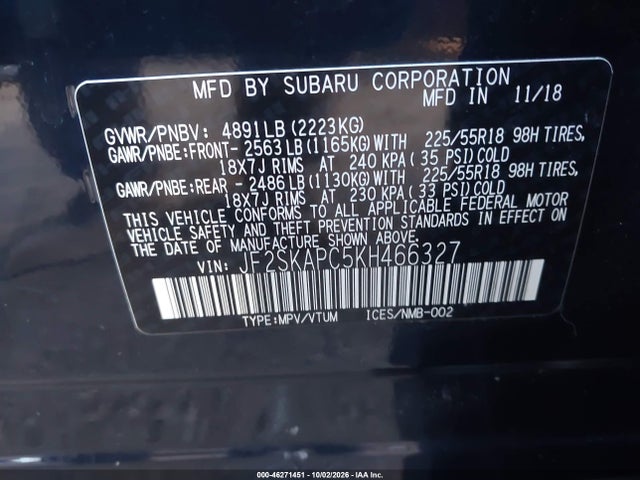 46271451 :رقم المزاد ، JF2SKAPC5KH466327 vin ، 2019 Subaru Forester Sport مزاد بيع