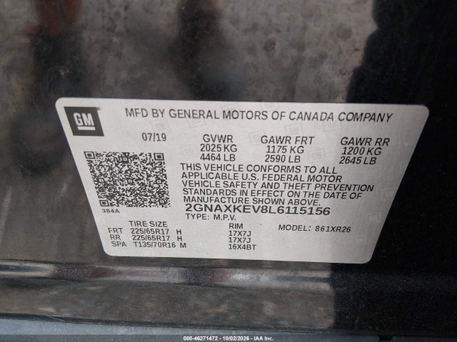 Продажа на аукционе авто 2020 Chevrolet Equinox Fwd Lt 1.5l Turbo, vin: 2GNAXKEV8L6115156, номер лота: 46271472