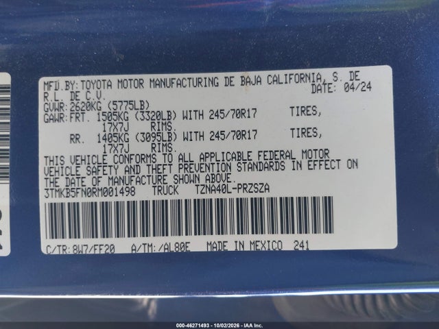Aukcja sprzedaży 2024 Toyota Tacoma Sr5, vin: 3TMKB5FN0RM001498, numer aukcji: 46271493