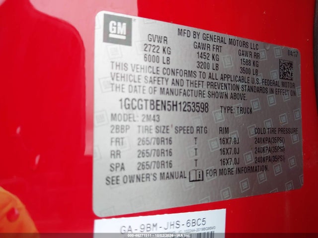46271511 :رقم المزاد ، 1GCGTBEN5H1253598 vin ، 2017 Chevrolet Colorado Wt مزاد بيع