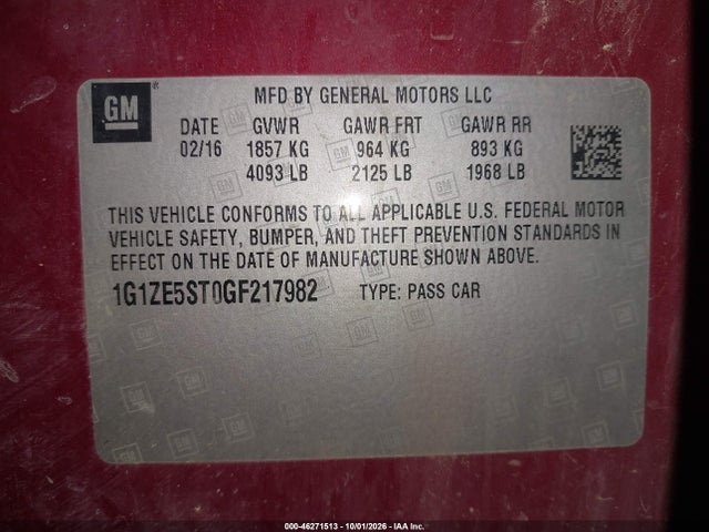 Продаж на аукціоні авто 2016 Chevrolet Malibu 1lt, vin: 1G1ZE5ST0GF217982, номер лоту: 46271513
