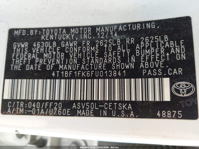 Aukcja sprzedaży 2015 Toyota Camry Se, vin: 4T1BF1FK6FU013841, numer aukcji: 46271519