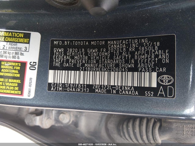 Aukcja sprzedaży 2019 Toyota Corolla Le, vin: 2T1BURHE6KC206045, numer aukcji: 46271520