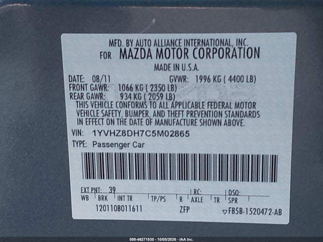 Продаж на аукціоні авто 2012 Mazda Mazda6 I Touring, vin: 1YVHZ8DH7C5M02865, номер лоту: 46271530
