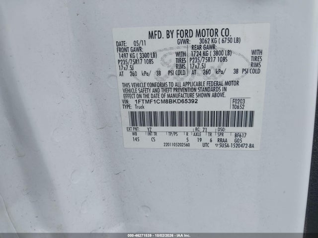 Aukcja sprzedaży 2011 Ford F-150 Xl, vin: 1FTMF1CM8BKD65392, numer aukcji: 46271539