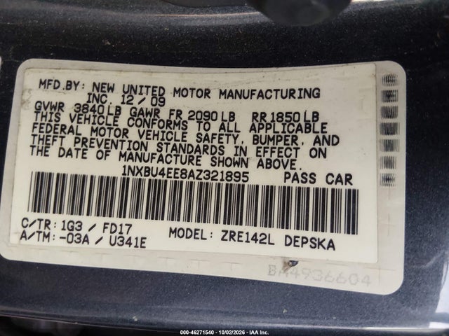 Продаж на аукціоні авто 2010 Toyota Corolla S, vin: 1NXBU4EE8AZ321895, номер лоту: 46271540