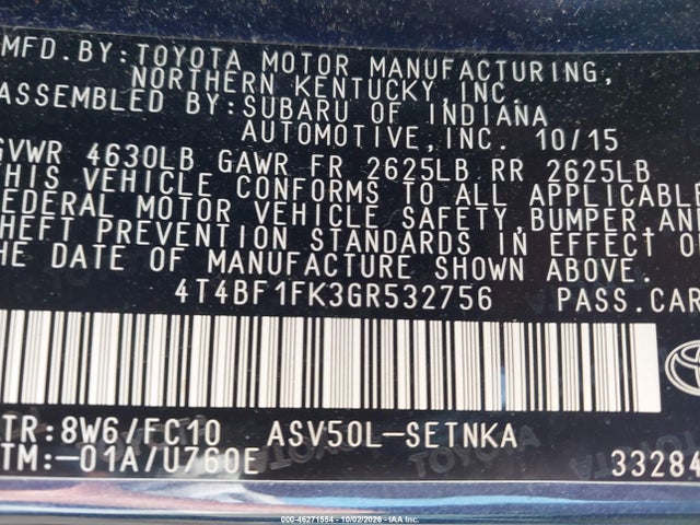 Aukcja sprzedaży 2016 Toyota Camry Le, vin: 4T4BF1FK3GR532756, numer aukcji: 46271554
