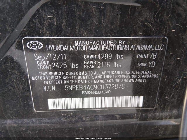 Продаж на аукціоні авто 2012 Hyundai Sonata Gls, vin: 5NPEB4AC9CH372878, номер лоту: 46271555