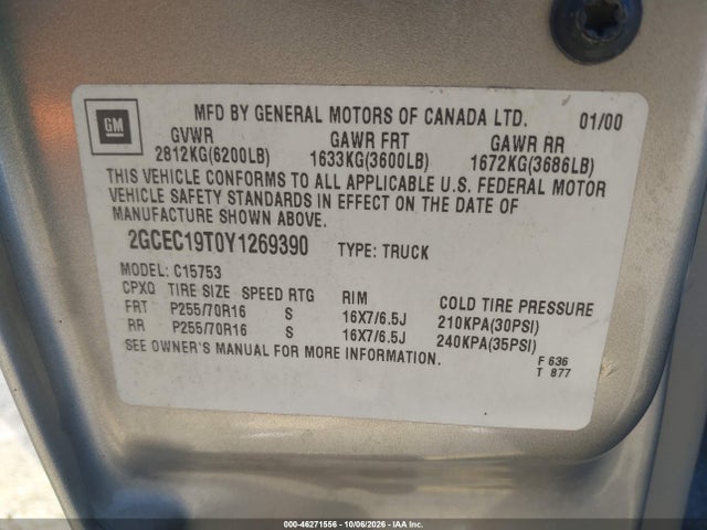 Продаж на аукціоні авто 2000 Chevrolet Silverado 1500 Ls, vin: 2GCEC19T0Y1269390, номер лоту: 46271556