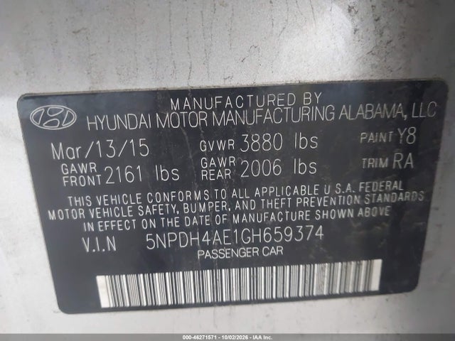 Продажа на аукционе авто 2016 Hyundai Elantra Se, vin: 5NPDH4AE1GH659374, номер лота: 46271571