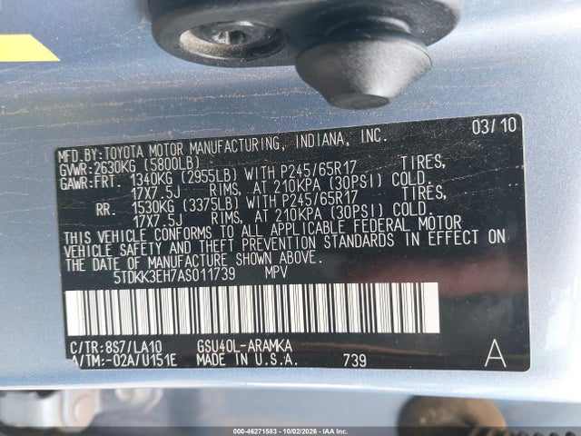 46271583 :رقم المزاد ، 5TDKK3EH7AS011739 vin ، 2010 Toyota Highlander Se V6 مزاد بيع