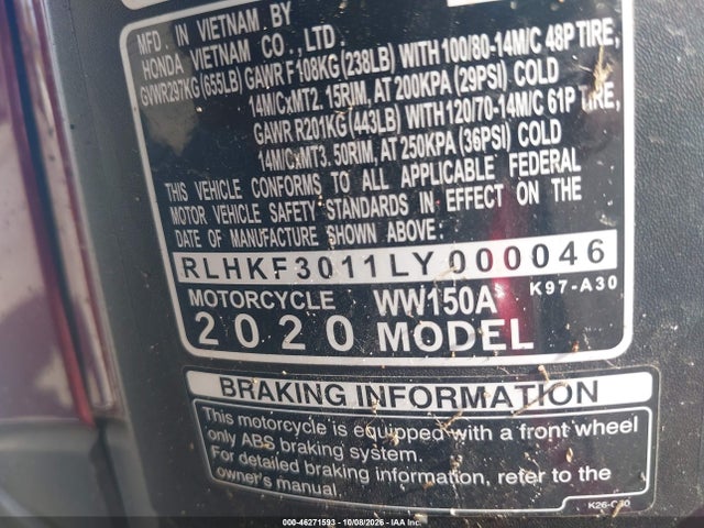 2020 Honda Ww150 A მანქანა იყიდება აუქციონზე, vin: RLHKF3011LY000046, აუქციონის ნომერი: 46271593