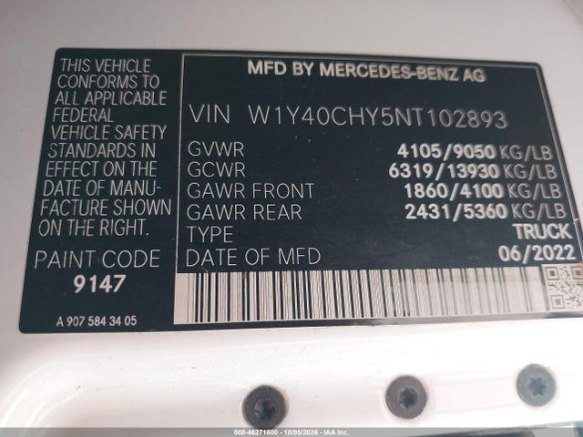 2022 Mercedes-benz Sprinter 2500 High Roof I4 მანქანა იყიდება აუქციონზე, vin: W1Y40CHY5NT102893, აუქციონის ნომერი: 46271600