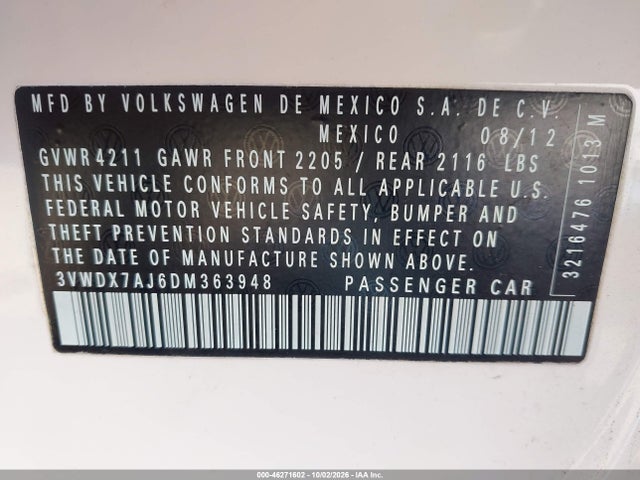 2013 Volkswagen Jetta 2.5l Se მანქანა იყიდება აუქციონზე, vin: 3VWDX7AJ6DM363948, აუქციონის ნომერი: 46271602