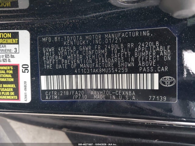 46271607 :رقم المزاد ، 4T1C31AK8MU554259 vin ، 2021 Toyota Camry Le Hybrid مزاد بيع