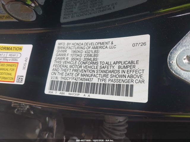 Aukcja sprzedaży 2026 Honda Accord Se, vin: 1HGCY1F42TA054437, numer aukcji: 46271609