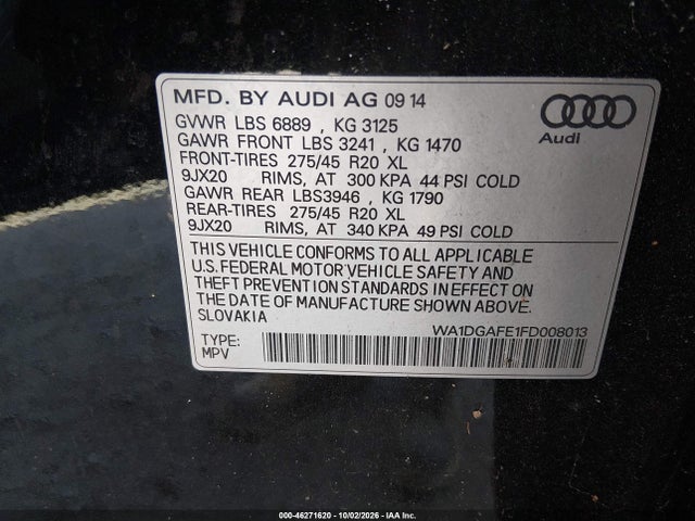 46271620 :رقم المزاد ، WA1DGAFE1FD008013 vin ، 2015 Audi Q7 3.0t S Line Prestige مزاد بيع