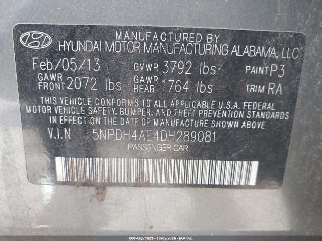 Aukcja sprzedaży 2013 Hyundai Elantra Gls, vin: 5NPDH4AE4DH289081, numer aukcji: 46271623