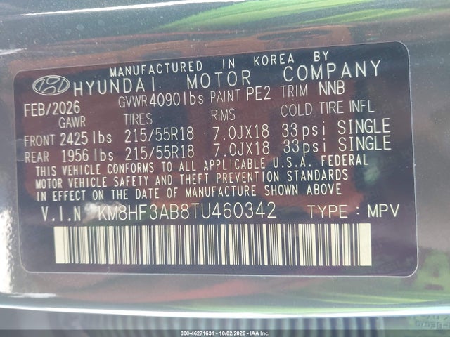 46271631 :رقم المزاد ، KM8HF3AB8TU460342 vin ، 2026 Hyundai Kona Sel Sport مزاد بيع