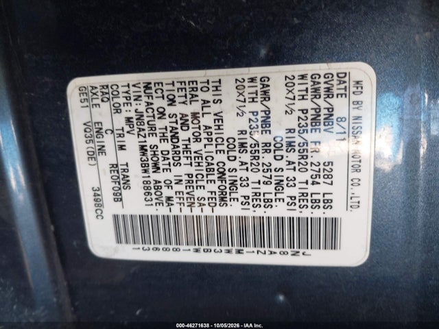 46271638 :رقم المزاد ، JN8AZ1MW3BW188631 vin ، 2011 Nissan Murano Le مزاد بيع