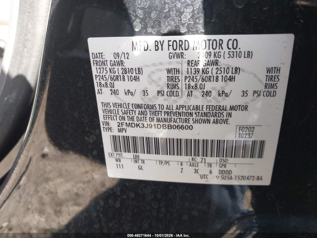 2013 Ford Edge Sel მანქანა იყიდება აუქციონზე, vin: 2FMDK3J91DBB06600, აუქციონის ნომერი: 46271644