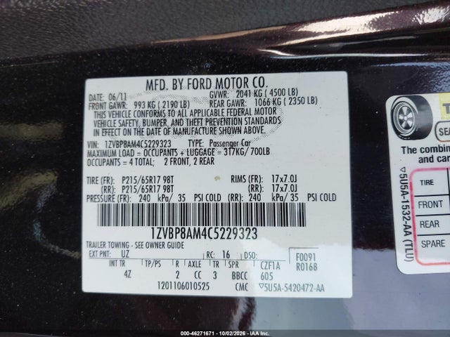 Продаж на аукціоні авто 2012 Ford Mustang V6 Premium, vin: 1ZVBP8AM4C5229323, номер лоту: 46271671