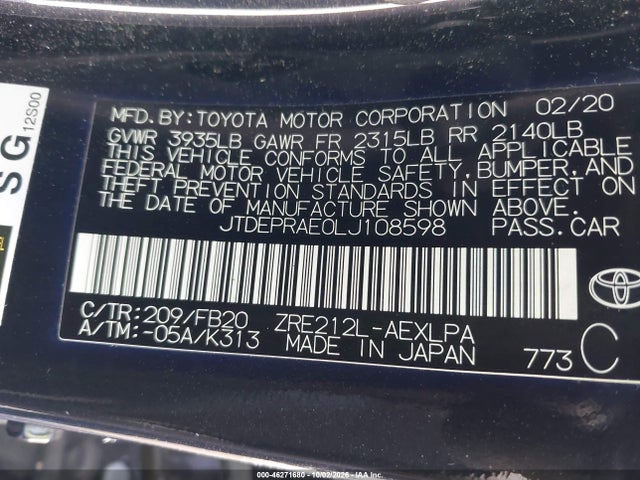 Aukcja sprzedaży 2020 Toyota Corolla Le, vin: JTDEPRAE0LJ108598, numer aukcji: 46271680