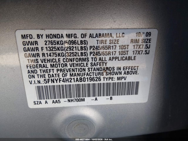 Продаж на аукціоні авто 2010 Honda Pilot Lx, vin: 5FNYF4H21AB019626, номер лоту: 46271684