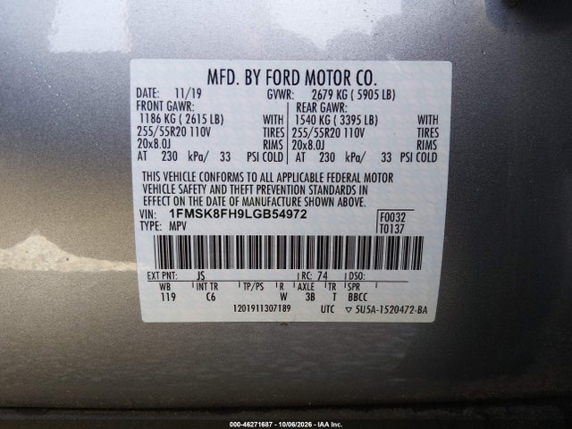 2020 Ford Explorer Limited მანქანა იყიდება აუქციონზე, vin: 1FMSK8FH9LGB54972, აუქციონის ნომერი: 46271687