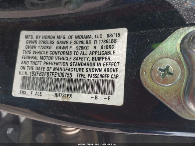 46271694 :رقم المزاد ، 19XFB2F87FE100755 vin ، 2015 Honda Civic Ex مزاد بيع