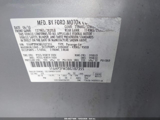 Продажа на аукционе авто 2011 Ford Taurus Limited, vin: 1FAHP2FW3BG107355, номер лота: 46271696