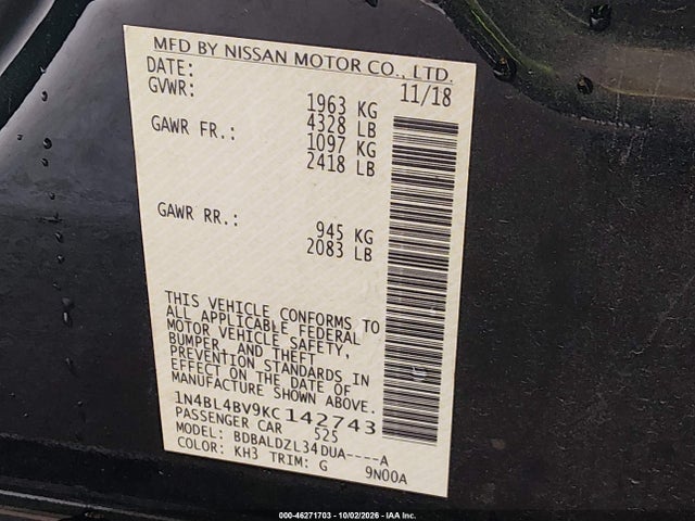 Продаж на аукціоні авто 2019 Nissan Altima 2.5 S, vin: 1N4BL4BV9KC142743, номер лоту: 46271703