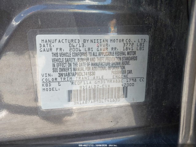 46271713 :رقم المزاد ، 3N1AB7AP9DL741830 vin ، 2013 Nissan Sentra Sv مزاد بيع