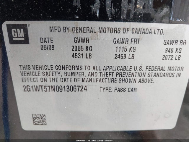 Продаж на аукціоні авто 2009 Chevrolet Impala Lt, vin: 2G1WT57N091306724, номер лоту: 46271715