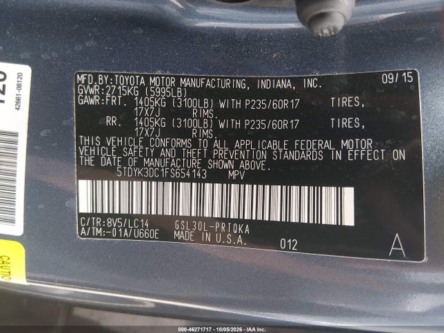 5TDYK3DC1FS654143 Toyota Sienna Xle 8 Passenger