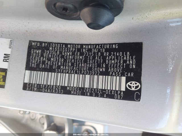 2020 Toyota Corolla Le მანქანა იყიდება აუქციონზე, vin: 5YFHPRAE1LP033922, აუქციონის ნომერი: 46271724