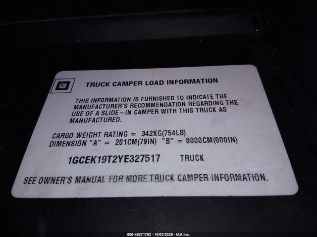 Aukcja sprzedaży 2000 Chevrolet Silverado 1500 Lt, vin: 1GCEK19T2YE327517, numer aukcji: 46271752