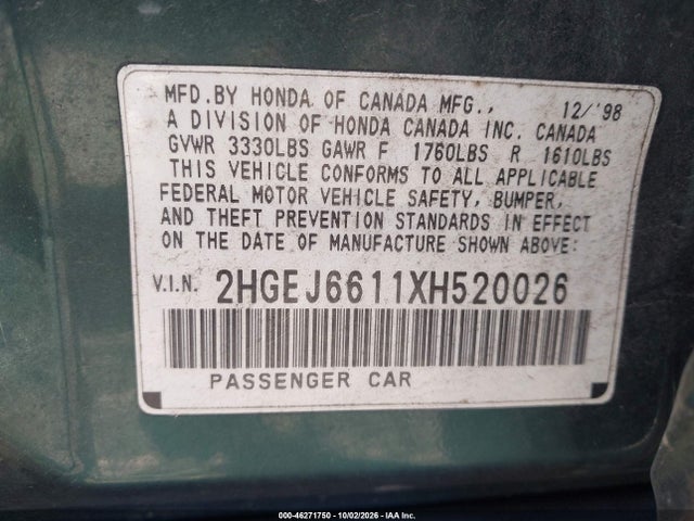 Продаж на аукціоні авто 1999 Honda Civic Value Package, vin: 2HGEJ6611XH520026, номер лоту: 46271750