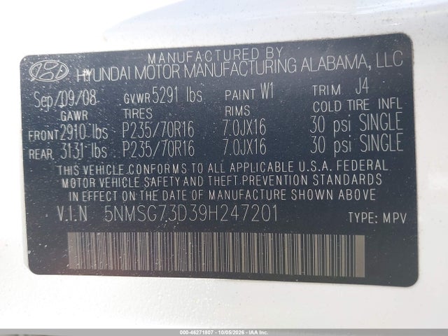 2009 Hyundai Santa Fe Gls მანქანა იყიდება აუქციონზე, vin: 5NMSG73D39H247201, აუქციონის ნომერი: 46271807